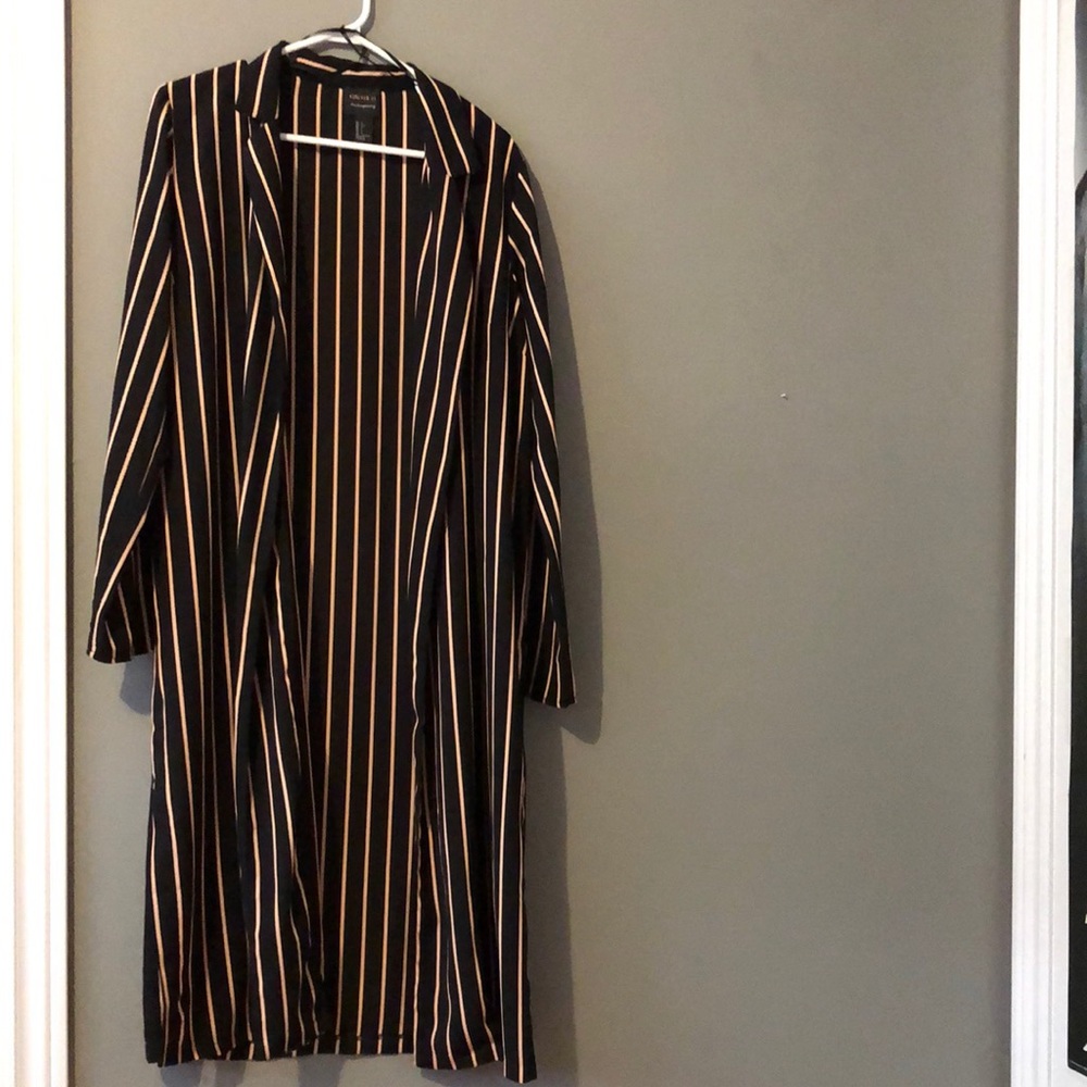 Pink and black striped long open blazer